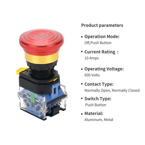 Built Tough Emergency Stop Button 10A 440V Latching Push Switch For Industrial Control Panels 22mm Aluminum Alloy E Stop Button