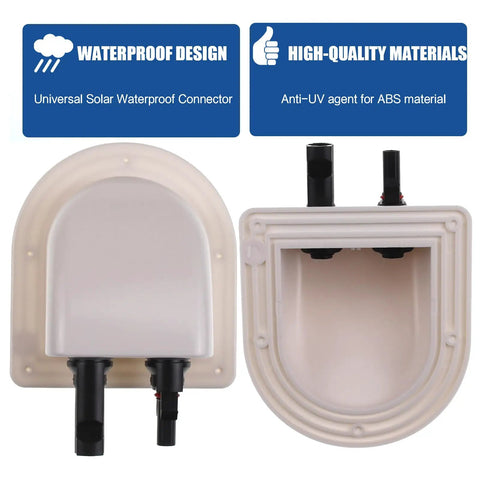 ABS UV Resistant Dual Cable Entry Housing For Solar Projects Waterproof Box With Photovoltaic Connector Ideal For RV Boat Camper Van Weatherproof White Entry Gland, showing front and back view with connectors