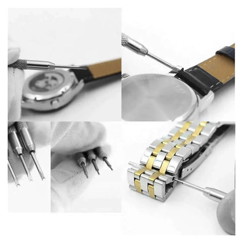 All In One Metal Watch Repair Tool Kit With 51 Pieces Including Band Link Pin Remover and Screwdriver in action