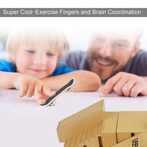 Child using Finger Skate Park Kit Bigger Ramp Set With Five Parts For Fingerboard Training, adult supervising