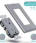 Decorator Electrical Wall Outlet Gray Tamper Resistant Duplex Receptacle 15A 125V Two Pole Self Grounding Residential Grade ETL Listed