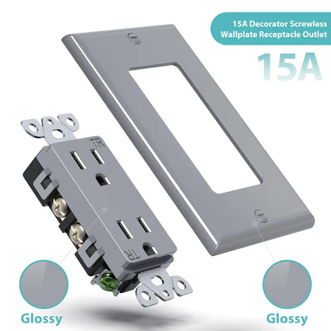 Decorator Electrical Wall Outlet Gray Tamper Resistant Duplex Receptacle 15A 125V Two Pole Self Grounding Residential Grade ETL Listed