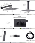 10-Inch Ceiling Mount Rainfall Shower System with All-Metal Handheld Sprayer in Matte Black dimensions and details layout