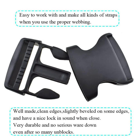 2 Inch Quick Release Side Buckles 6 Pack for nylon webbing, durable plastic clips, close-up view showing secure hold design.