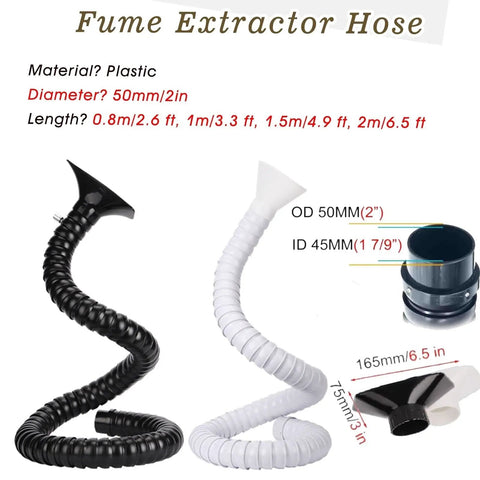 Adjustable 3.5 To 6.5 Foot Fume Extractor Arm With Portable Bamboo Joint Dust Extraction Hose For Welding And Workshops. Black and white plastic hoses.