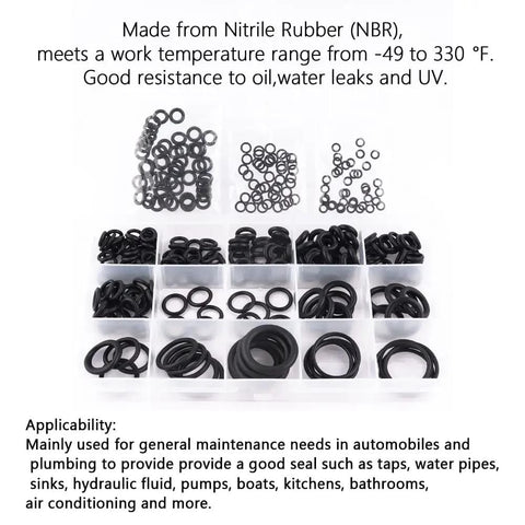 300 Piece O Ring Kit With 18 Size Rubber Gasket Washers for Auto Repair in clear compartment box, NBR material visible