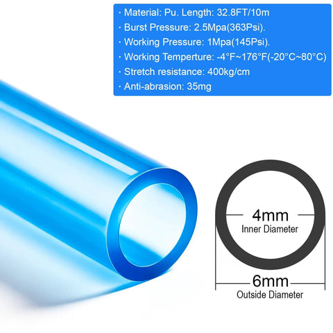 Close-up of the Top Shelf Clear Blue Polyurethane Air Hose Tube 6Mm OD Kink Free flexible tubing measuring 32.8 feet long.
