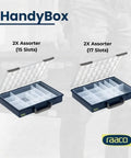 HandyBox Toolbox Storage And Carrying System with four adjustable grid compartments for nuts, bolts, screws, durable polypropylene plastic organizer.
