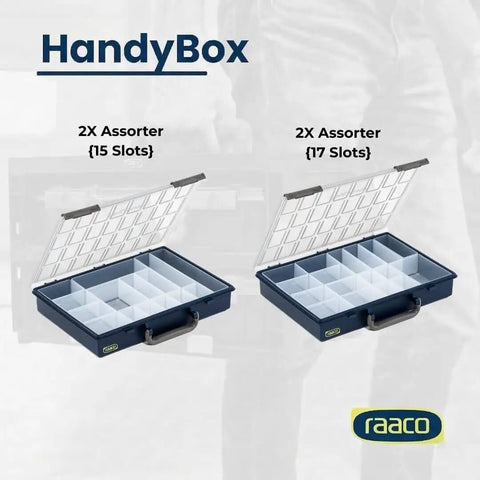 HandyBox Toolbox Storage And Carrying System with four adjustable grid compartments for nuts, bolts, screws, durable polypropylene plastic organizer.