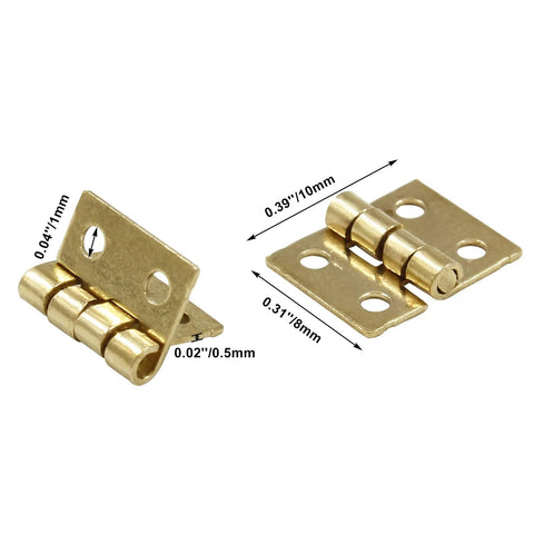 Tiny Brass Hinges Pack Of 50 Pieces Measuring 0.31 By 0.39 Inches For Mini Cabinets Jewelry Boxes Dollhouse DIY Craft With Mounting Screws Great For Small Box Hinges And Tiny Cabinet Doors Zorveiio, showing two close-up brass hinges with dimensions marked.