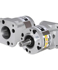 YEJMKJ 50:1 planetary gearbox with Nema 17 motor; aluminum silver, angled front view