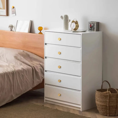 White dresser with Gold Cabinet Knobs 25 Pack for Dresser and Furniture, Knurled Diamond Surface Metal Drawer Pulls installed.
