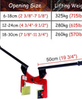 Badass Heavy Duty Granite Moving Clamps And Stone Paver Lifter With Tough Manganese Steel Build, showing sizes and lifting weights.