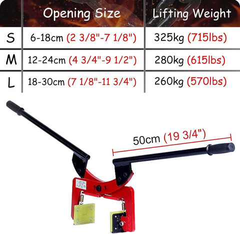 Badass Heavy Duty Granite Moving Clamps And Stone Paver Lifter With Tough Manganese Steel Build, showing sizes and lifting weights.