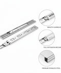Full Extension Drawer Slides In Stainless Steel For Kitchen Cabinets And Desk Upgrades showing smooth sliding and full-extension features.