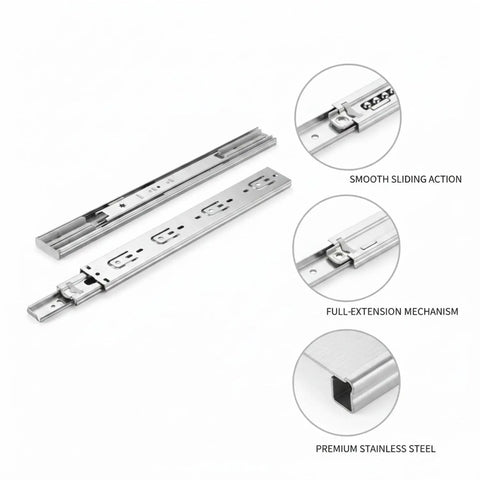 Full Extension Drawer Slides In Stainless Steel For Kitchen Cabinets And Desk Upgrades showing smooth sliding and full-extension features.