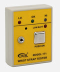 Portable Anti Static Wrist Strap Tester ESD Meter, yellow panel with status lights and push button, shows Pass Fail indicators.