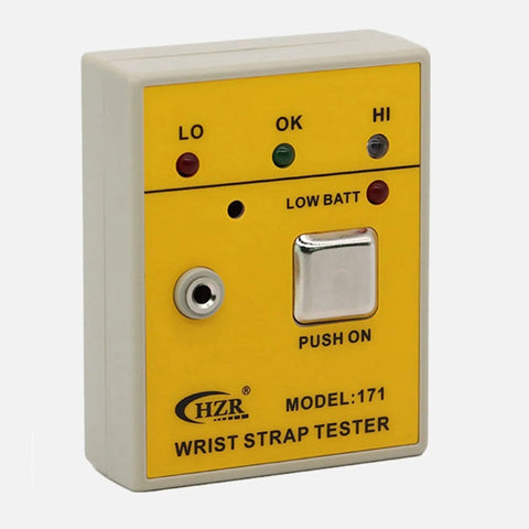Portable Anti Static Wrist Strap Tester ESD Meter, yellow panel with status lights and push button, shows Pass Fail indicators.