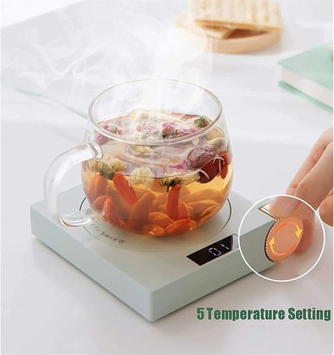 Electric Coffee Mug Warmer For Office Desk With Auto Shut Off Timer Keep Your Brew Piping Hot Straight Up Skip The Microwave Hassle Flat Bottom Cup Heater For Tea Coffee Milk And Quick Sips with herbal tea and five temperature setting.