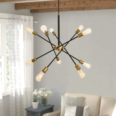 Vintage Sputnik 10 Light Pendant Chandelier in Black and Gold Brushed Finish in living room setting