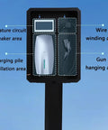 Locking EV Charger Weatherproof Enclosure With Mounting Post showing internal areas, galvanized steel, and tempered glass.