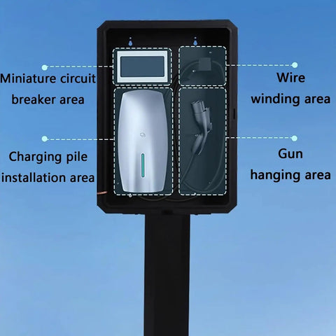 Locking EV Charger Weatherproof Enclosure With Mounting Post showing internal areas, galvanized steel, and tempered glass.