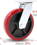 Rock Hard Heavy Duty Swivel Casters 4 Pack with steel plate mount, red polyurethane wheel, 8in size for workshop cart upgrades.