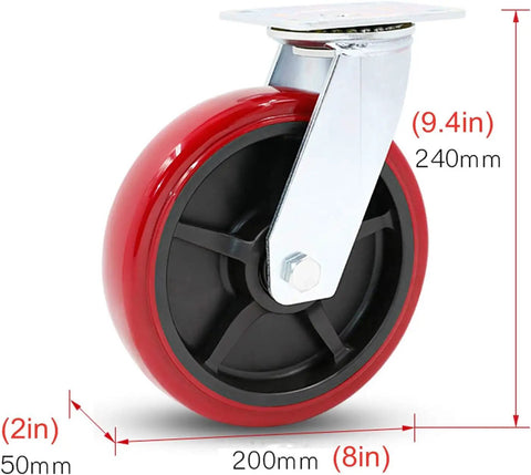 Rock Hard Heavy Duty Swivel Casters 4 Pack with steel plate mount, red polyurethane wheel, 8in size for workshop cart upgrades.