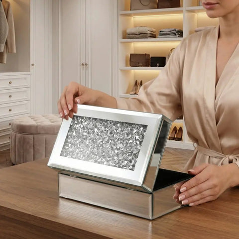 Luxury Silver Crushed Diamond Glass Mirrored Jewelry Organizer Box Storage For Rings, Earrings, Necklaces, And Bracelets