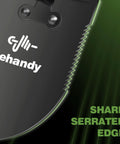 Close-up of Grab And Go Folding Shovel For Car And Camping 18.5 Inch Collapsible Shovel With Pickaxe blade with serrated edge.