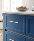 Blue kitchen cabinets with installed 40 Pack Brushed Nickel Stainless Steel Kitchen Cabinet Handles Drawer Pulls, 5 Inch Length With 3 Inch Hole Center