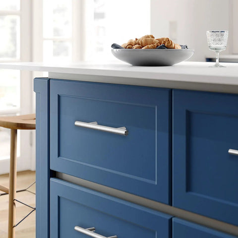 Blue kitchen cabinets with 30 Pack 3 Inch Cabinet Handles Pulls For Kitchen Cabinets Stainless Steel Brushed Nickel Drawer Pulls 5 Inch Length 3 Inch Hole Center Universal Fit Durable Hardware installed.