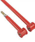 Adjustable Rear Suspension Panhard Track Bar For A Smoother Quiet Ride And Precise Handling With Grease Grooved Bushing Design Keeps Lubrication In For Low Noise And Long Life Heavy Duty Steel Construction Easy Install Fits Modern Trucks And SUVs. Red steel adjustable rear suspension bar with threaded end and bushings