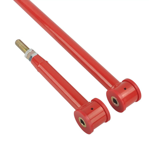 Adjustable Rear Suspension Panhard Track Bar For A Smoother Quiet Ride And Precise Handling With Grease Grooved Bushing Design Keeps Lubrication In For Low Noise And Long Life Heavy Duty Steel Construction Easy Install Fits Modern Trucks And SUVs. Red steel adjustable rear suspension bar with threaded end and bushings