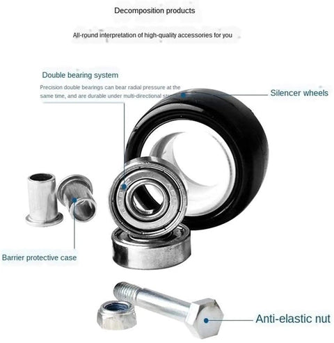 Heavy Duty Polyurethane Swivel Casters Pack Of 4 1.6 Inch Black Rolling Wheels components including double bearing, silencer wheel, and hardware.