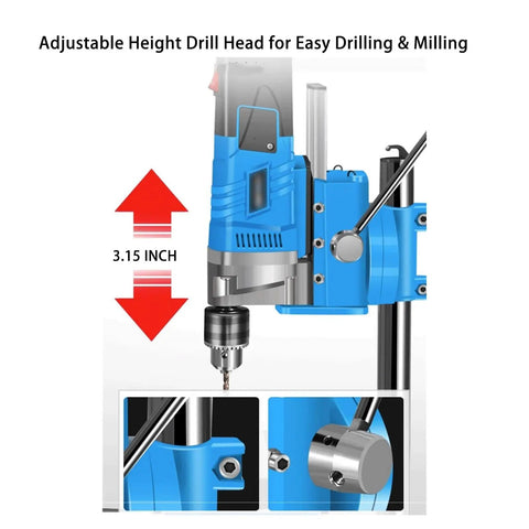 Adjustable height drill head of the No Fuss Mini Bench Drill Press With A Beastly 1200W Motor and Two Stage Gear Reduction milling setup.