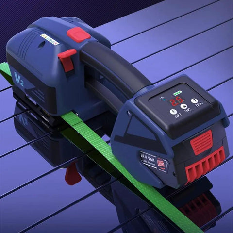 Slick Rechargeable Handheld Strapping Tool For Automatic Heat Sealing PP PET Banding Machine showcasing a green strap on a reflective surface.