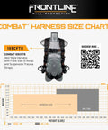 Rugged Combat Vest Style Harness With Front Side D-Rings And Suspension Trauma Straps For All Day Comfort Size 2/3XL shown with sizing chart.