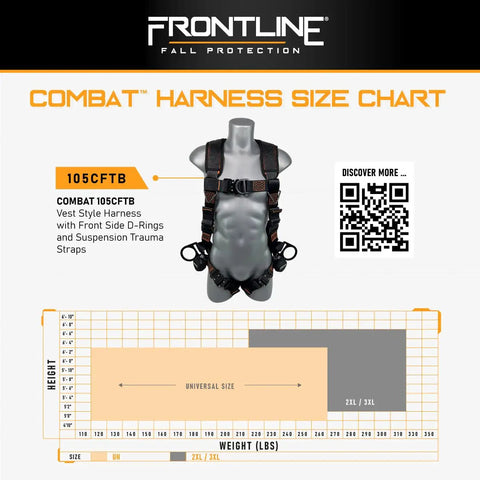 Rugged Combat Vest Style Harness With Front Side D-Rings And Suspension Trauma Straps For All Day Comfort Size 2/3XL shown with sizing chart.
