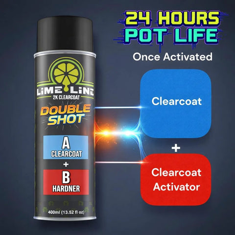2K Clearcoat Spray For Automotive Finish With Dual Chamber Activation showing aerosol can and activation graphic.