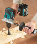 Built Different 18 Volt Cordless Drill Driver Kit With Hard Case Two Batteries Fast Charger Compact Brushless Motor in use on wood.