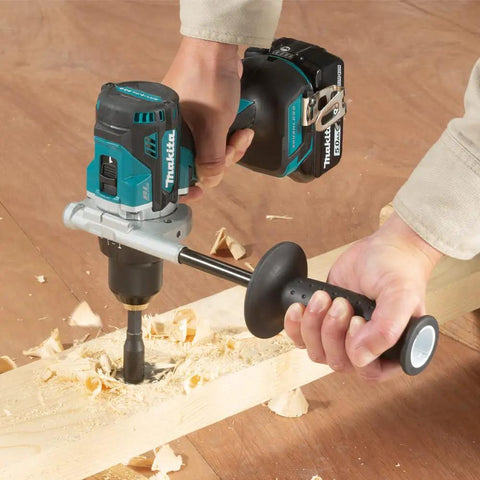 Built Different 18 Volt Cordless Drill Driver Kit With Hard Case Two Batteries Fast Charger Compact Brushless Motor in use on wood.