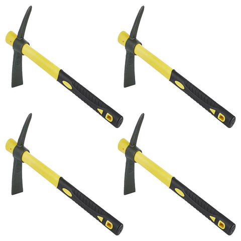 Four 15-inch mattocks with manganese steel heads and plastic handles from the 4 Piece 15 Inch Mattock Hoe Set With Manganese Steel Mini Pickaxe And Lightweight Plastic Handle For Outdoor Gardening Digging Soil Loosening Weeding Planting And Camping.