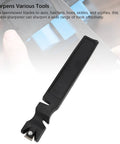 4 In 1 Blade Sharpener With Glass Cutter, shown sharpening a tool, black handle, used for axes hoes scythes, sturdy and portable.