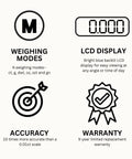 Features of Durable Jewelers Carat Mini Scale With 0.005 Ct Readability And 250 Ct Capacity, showcasing weighing modes and LCD display.