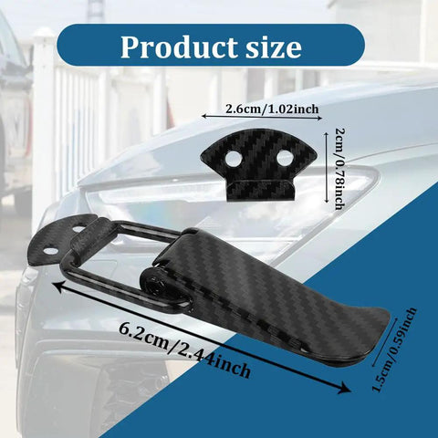 Universal Car Bumper Clips 2 Pack showing size dimensions against a car bumper, Quick Release Security Hook Lock Hasp Kit
