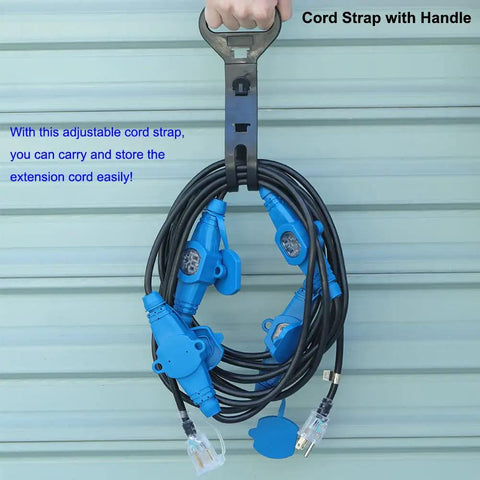 Heavy Duty 50 Foot Extension Cord 12 Gauge With 7 NEMA 5-15R Outlets And Blue Indicator Lights coiled with handle strap