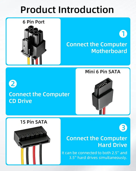 ATX 6Pin To Dual 15Pin SATA Power Cable With Mini 4Pin Optical Drive Connector Extension For Desktop PCs, 30cm and 20cm leads