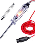 Beefy Heavy Duty 6 To 24V Automotive Circuit Tester With Replacement Indicator Light And Extra Spring Bulb For 6V 12V And 24V DC Circuits In Cars Trucks And More clear ABS tester with red coiled cord