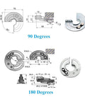 Four Pack Half Round Concealed Slide Lid Hinges With 90 And 180 Degree Opening, diagram and side view